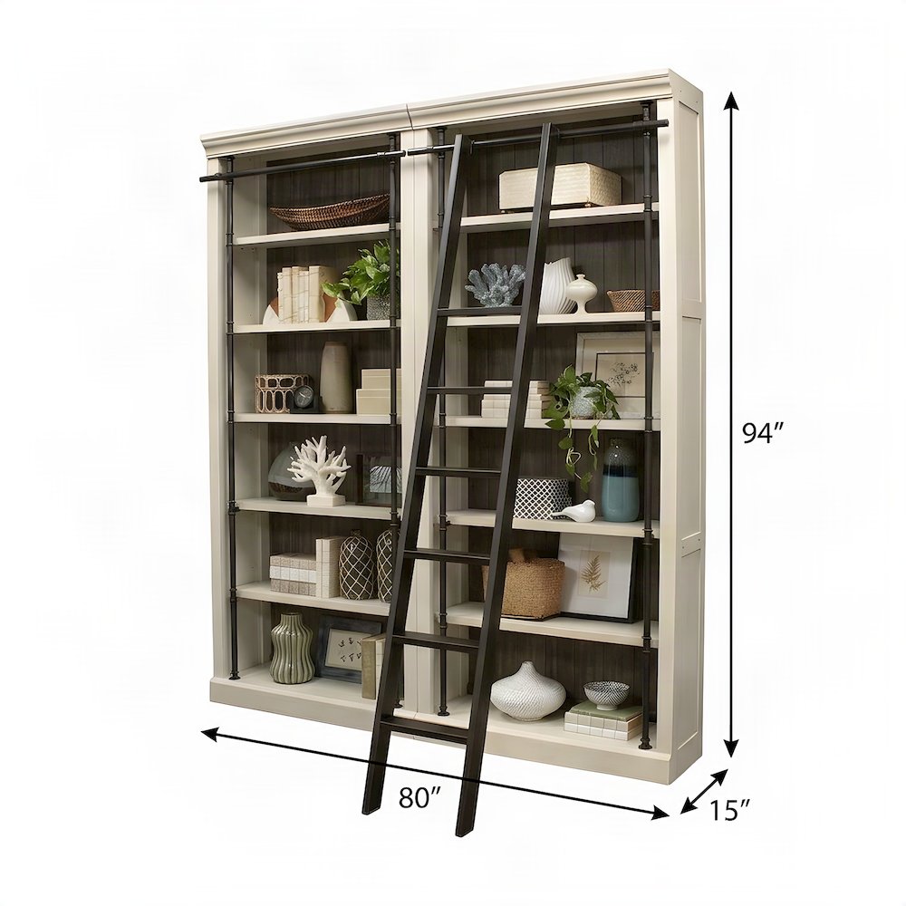 Wood Tall Bookcase with Ladder, Storage Organizer, Aged Chateau White, 80 Inch