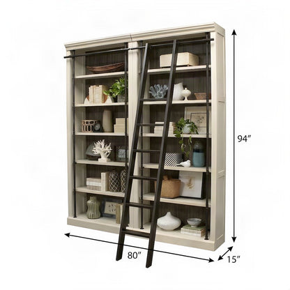 Wood Tall Bookcase with Ladder, Storage Organizer, Aged Chateau White, 80 Inch