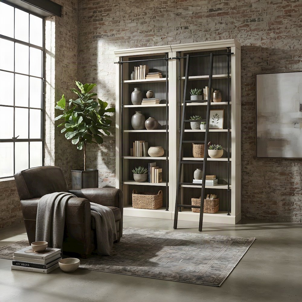 Wood Tall Bookcase with Ladder, Storage Organizer, Aged Chateau White, 80 Inch