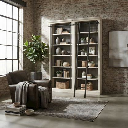 Wood Tall Bookcase with Ladder, Storage Organizer, Aged Chateau White, 80 Inch