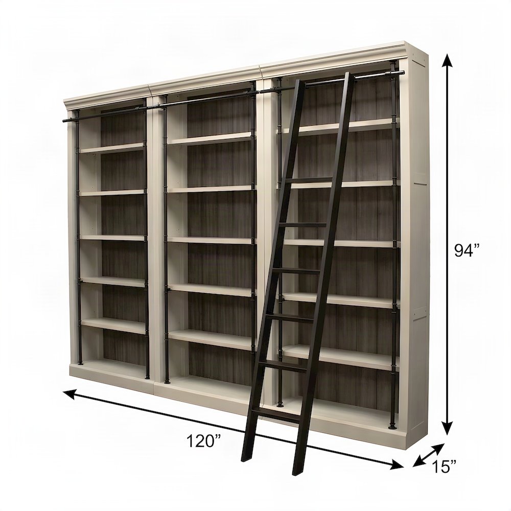 Wood Tall Bookcase with Ladder, Storage Organizer, Aged Chateau White, 120 Inch