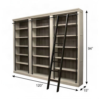 Wood Tall Bookcase with Ladder, Storage Organizer, Aged Chateau White, 120 Inch