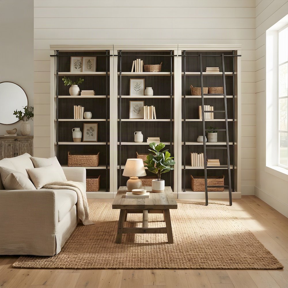 Wood Tall Bookcase with Ladder, Storage Organizer, Aged Chateau White, 120 Inch