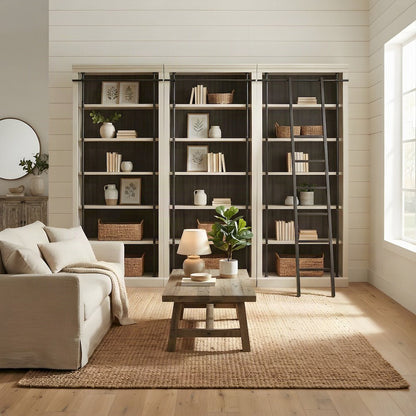 Wood Tall Bookcase with Ladder, Storage Organizer, Aged Chateau White, 120 Inch