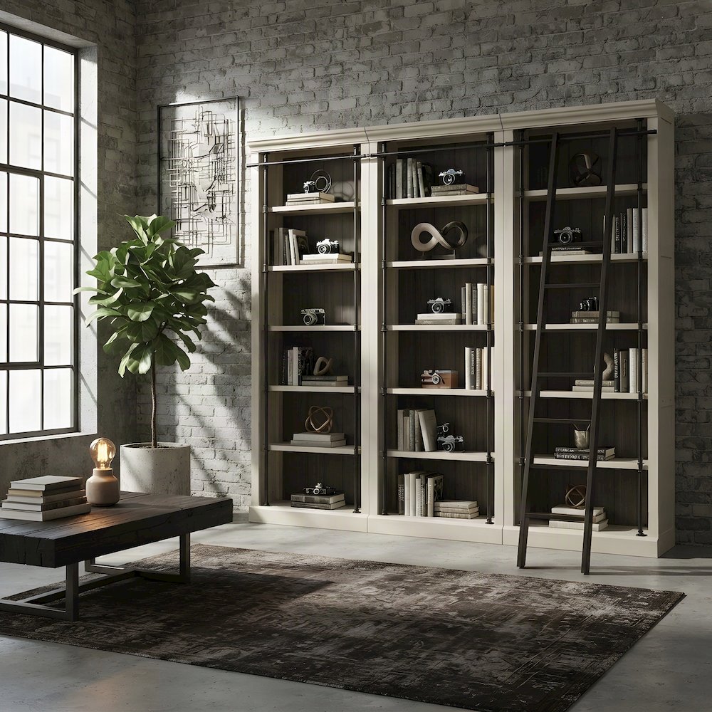 Wood Tall Bookcase with Ladder, Storage Organizer, Aged Chateau White, 120 Inch