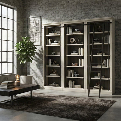 Wood Tall Bookcase with Ladder, Storage Organizer, Aged Chateau White, 120 Inch