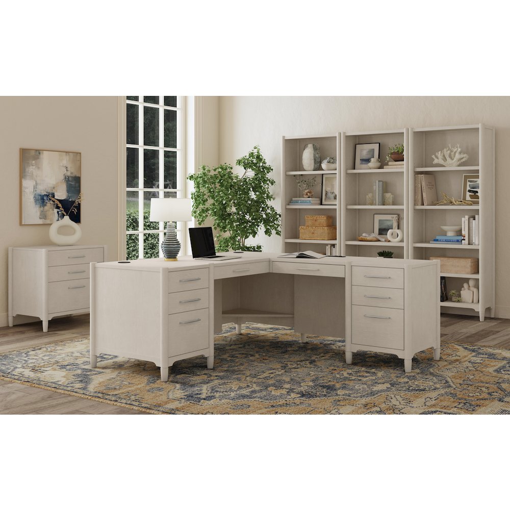 Executive Wood Double Pedestal L-Desk, Corner Table, Office Storage, White