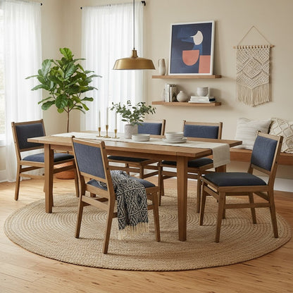 Two Mid-Century Modern Dining Side Chairs, Upholstered, Angled Back, Brown/Blue