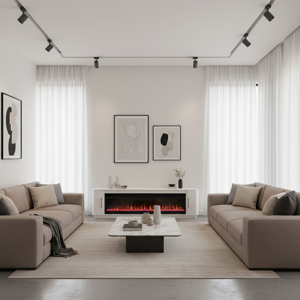 96-Inch Electric Fireplace Console, Infrared Heat, LED Flames, White