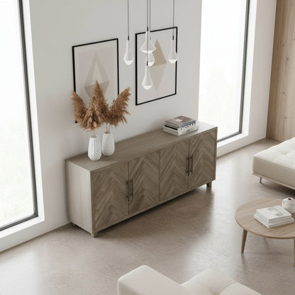 80 Inch Four Door TV Console, Distressed Gray, Herringbone, 2 Shelves