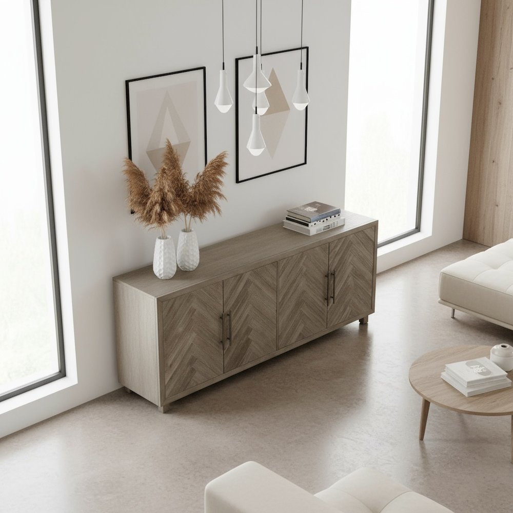 80 Inch Four Door TV Console, Distressed Gray, Herringbone, 2 Shelves