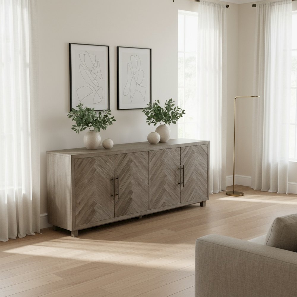 80 Inch Four Door TV Console, Distressed Gray, Herringbone, 2 Shelves