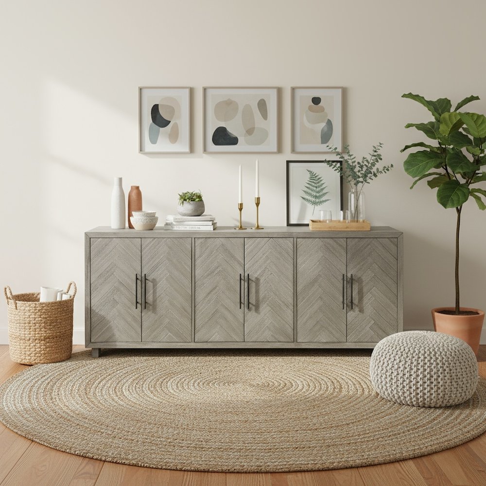 90 Inch Six Door Console, Distressed Gray, Herringbone, 3 Shelves