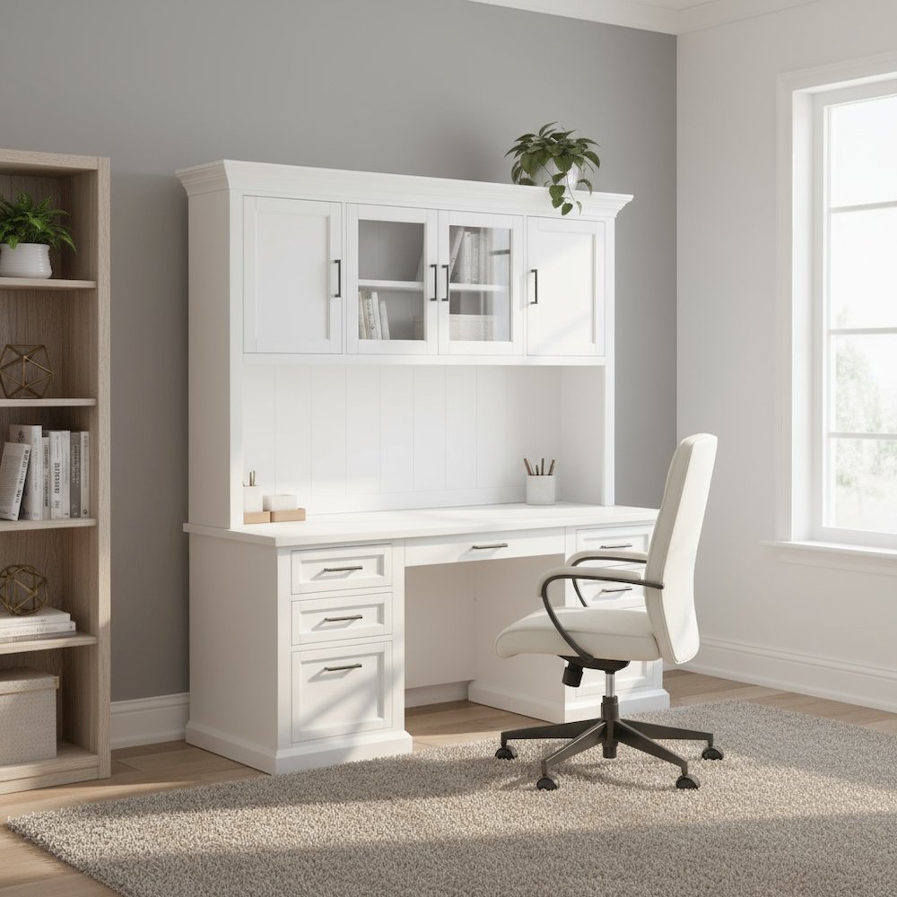 Storage Hutch, Glass & Wood Doors, Adjustable Shelves, White