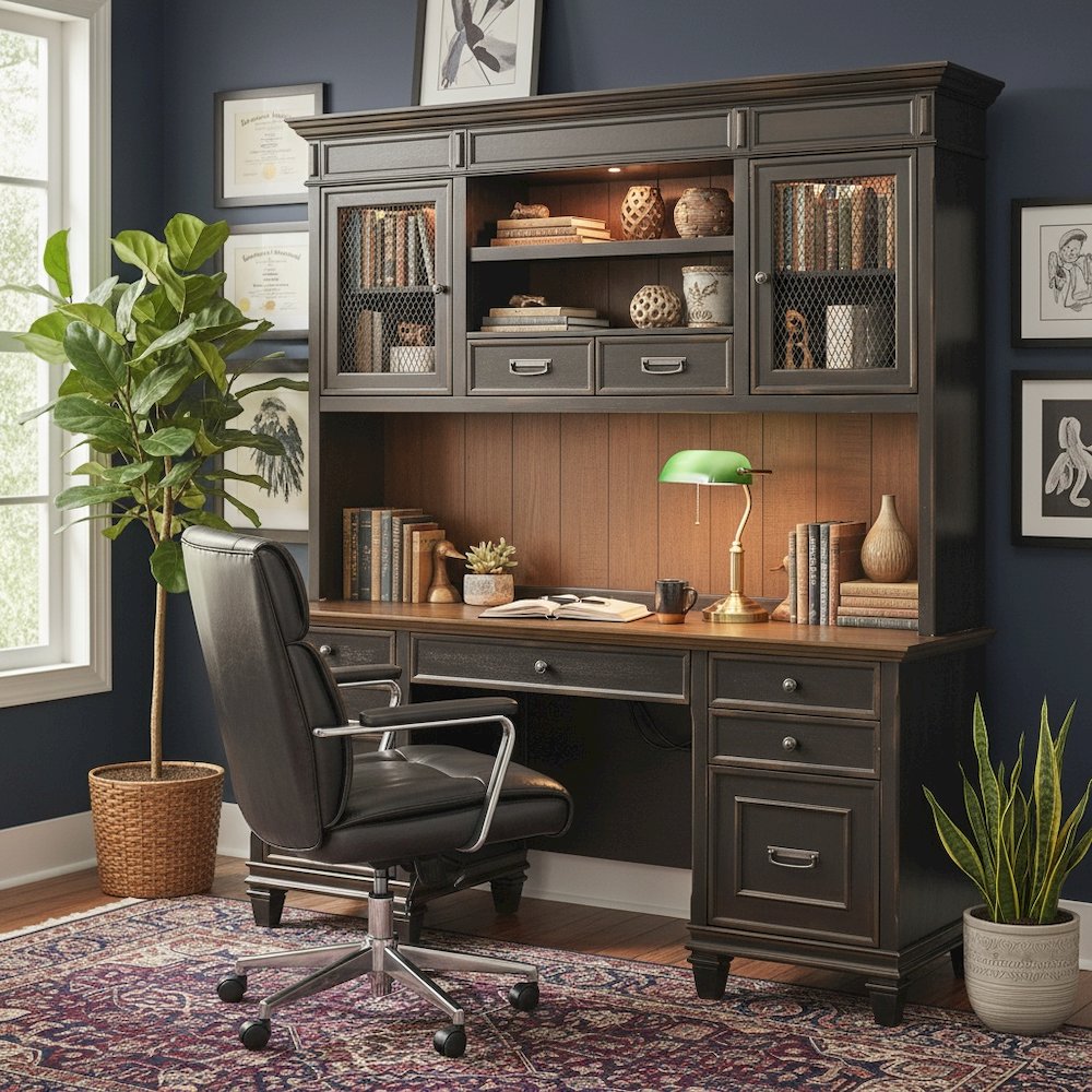 Wood Hutch, Wire Mesh Doors, 2 Utility Drawers, Black