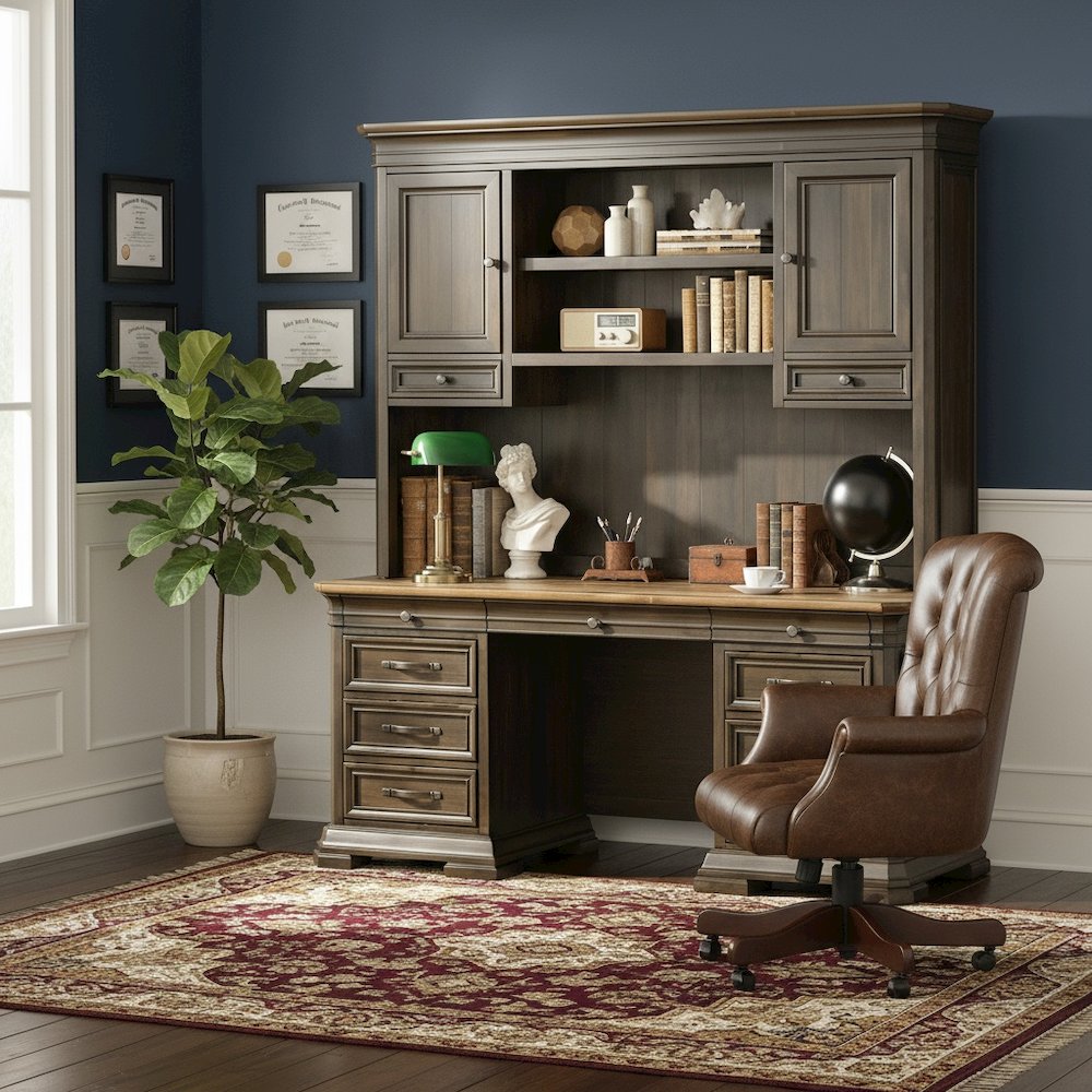 Executive Desk Hutch with Wood Doors, Adjustable Shelves, Brown