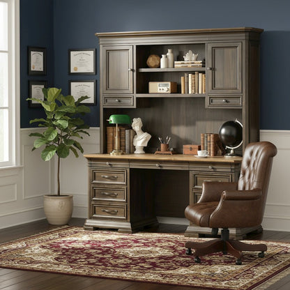 Executive Desk Hutch with Wood Doors, Adjustable Shelves, Brown