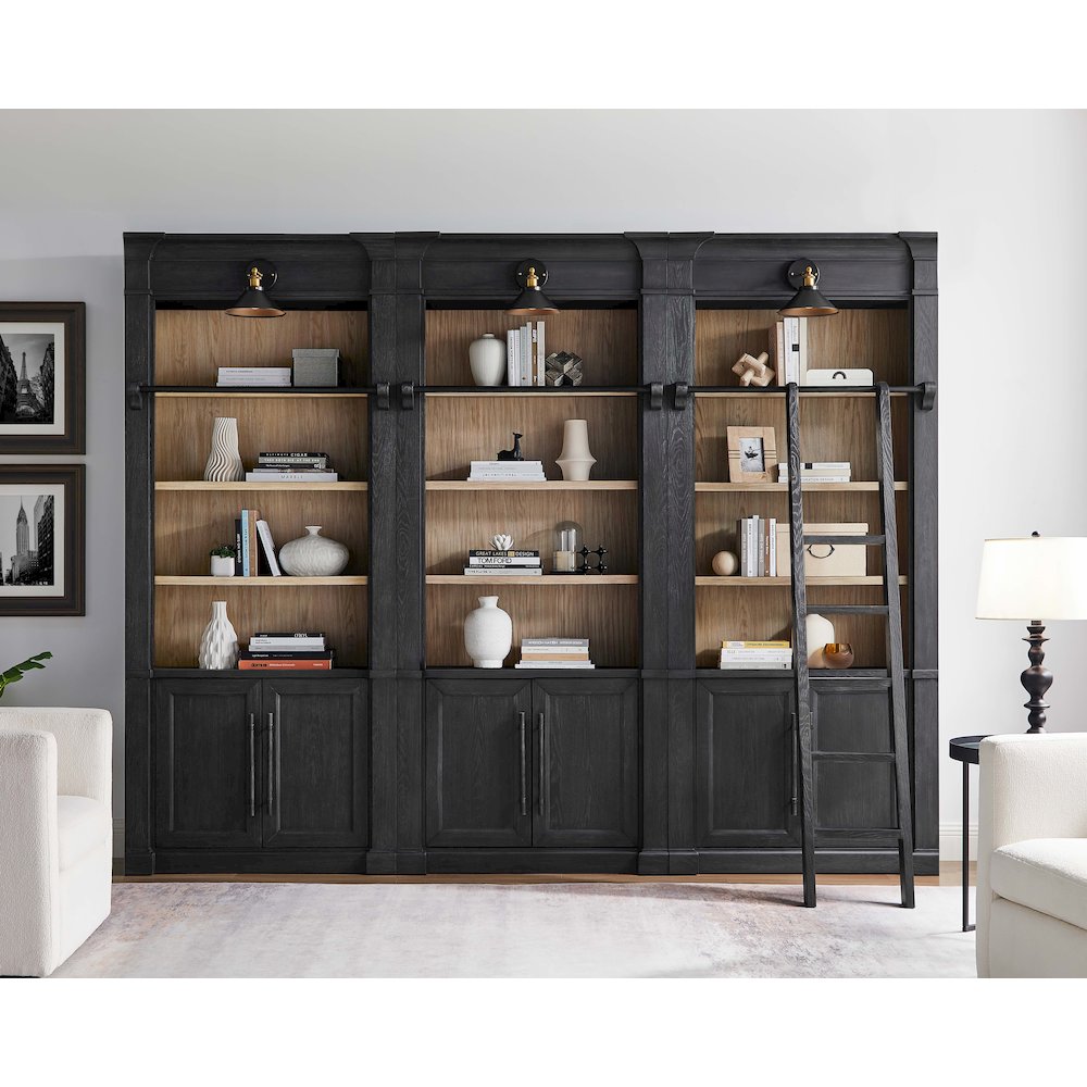 Three 8' Tall Bookcase Wall With Ladder, Storage Organizer, Display Shelf, Black