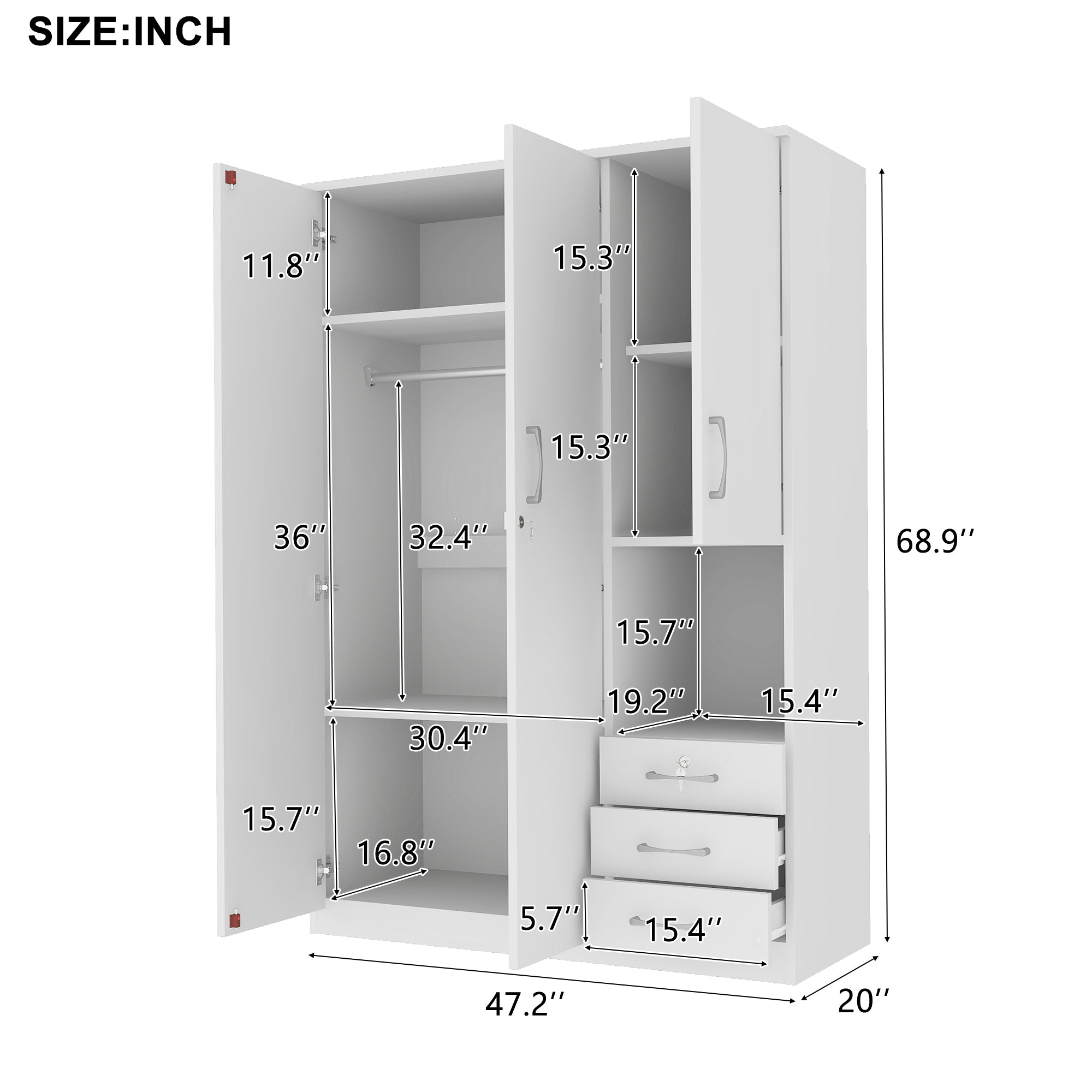 2-Doors Wooden Wardrobe Storage for Bedroom, with Shelves and 3 Drawers, White