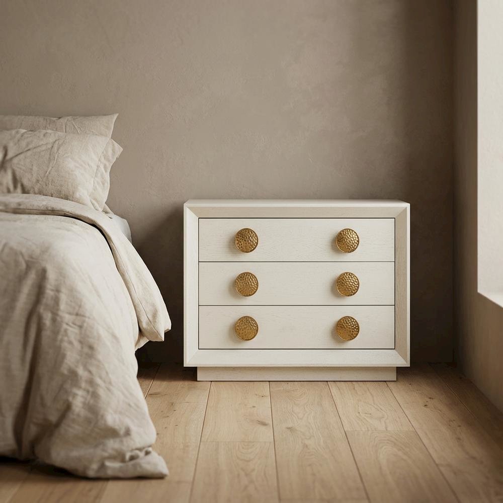 Cream Nightstand with Modern Design, Brushed Gold Accents, and Sleek Style