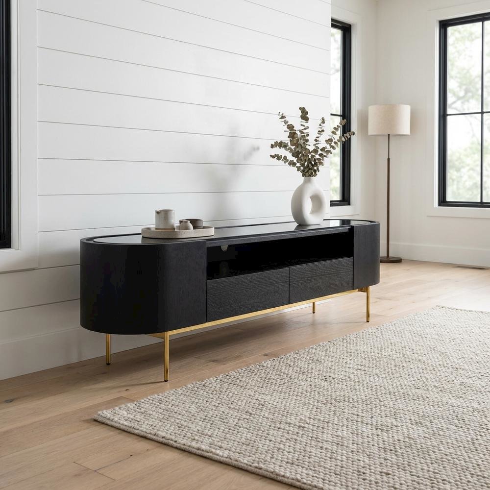 Black Mid-Century Modern TV Stand with Engineered Wood and Brass Accents