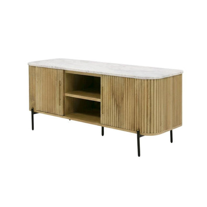 White marble, mango wood TV stand, engineered construction, multiple shelves