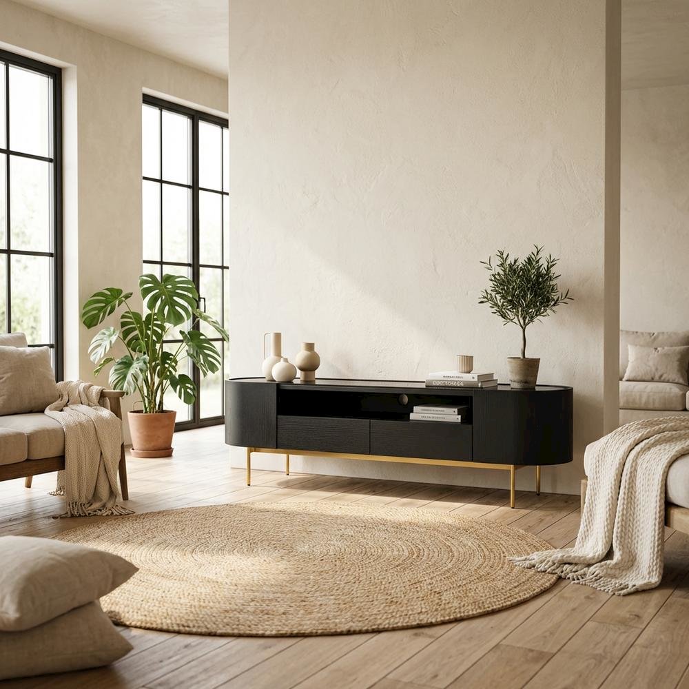 Black Mid-Century Modern TV Stand with Engineered Wood and Brass Accents