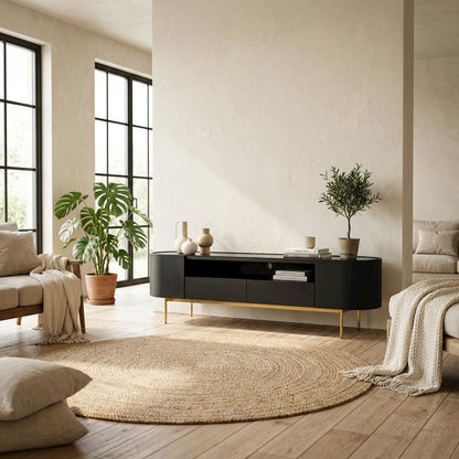 Black Mid-Century Modern TV Stand with Engineered Wood and Brass Accents