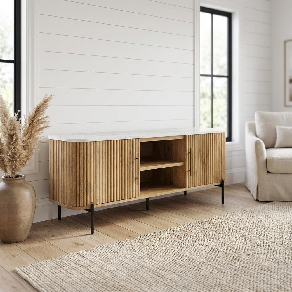 White marble, mango wood TV stand, engineered construction, multiple shelves