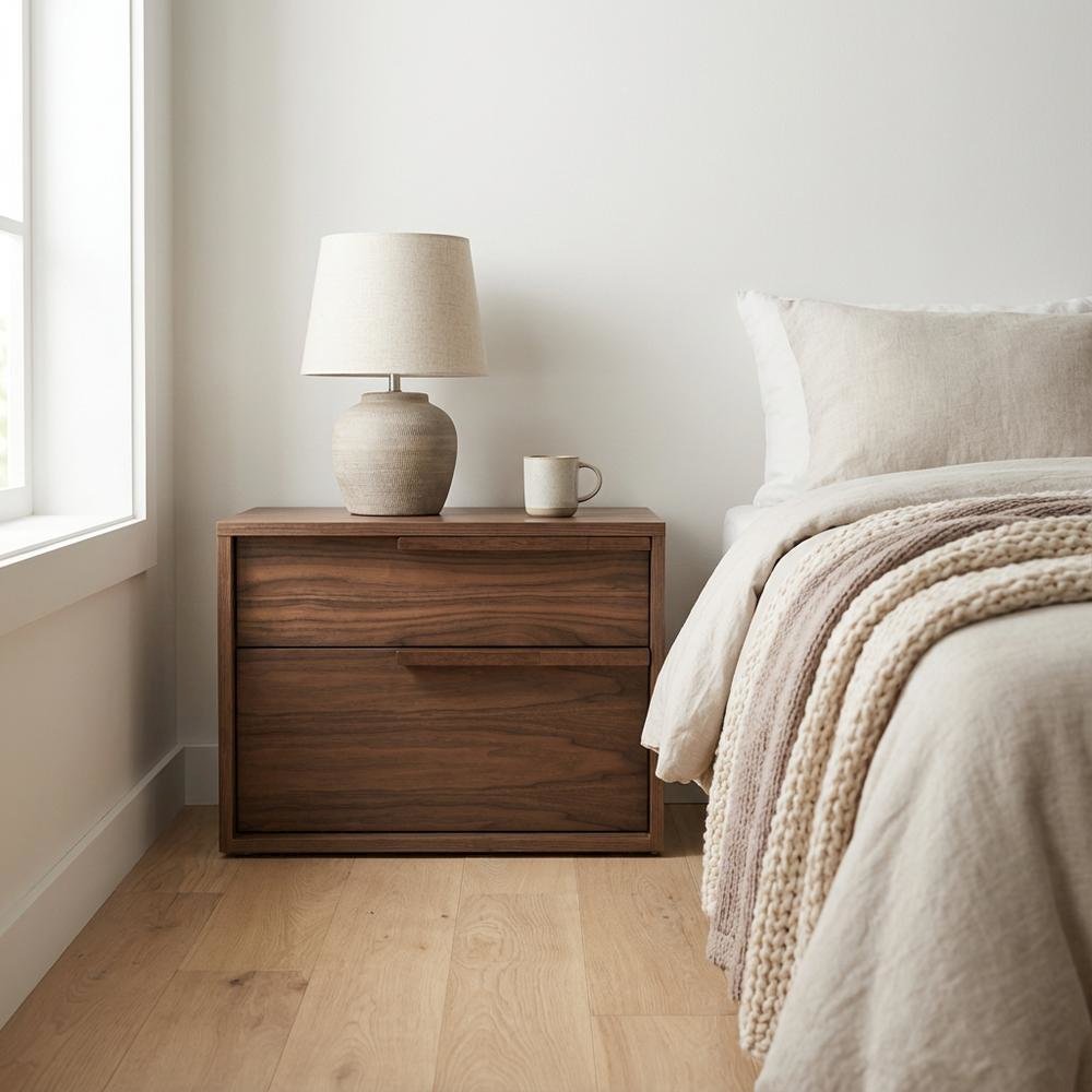 Modern Walnut Nightstand with Bottom Drawer and Storage Space