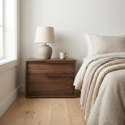 Modern Walnut Nightstand with Bottom Drawer and Storage Space