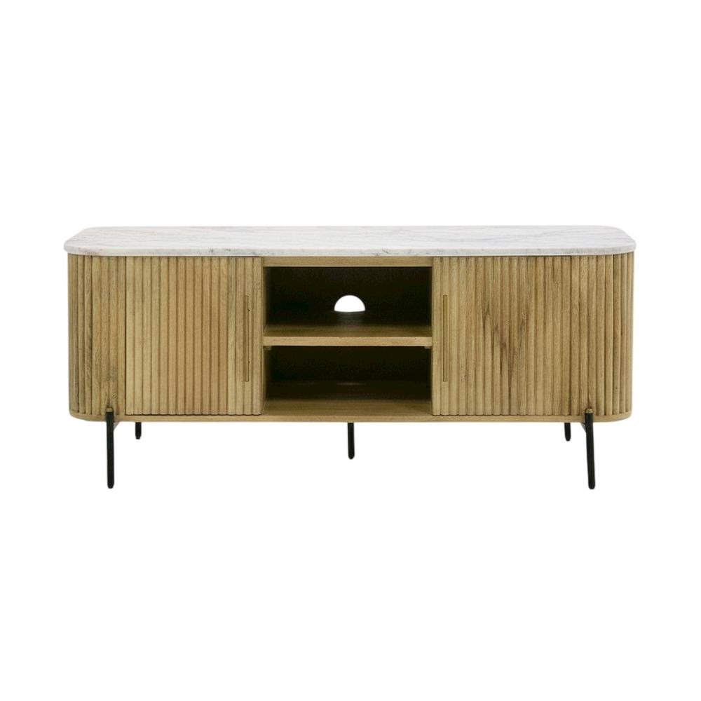 White marble, mango wood TV stand, engineered construction, multiple shelves