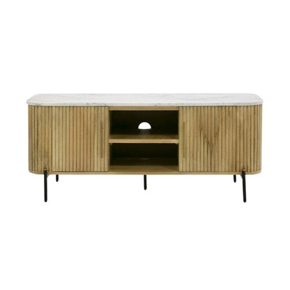 White marble, mango wood TV stand, engineered construction, multiple shelves