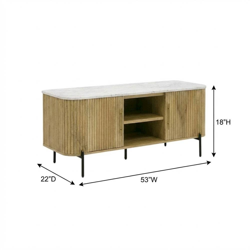White marble, mango wood TV stand, engineered construction, multiple shelves