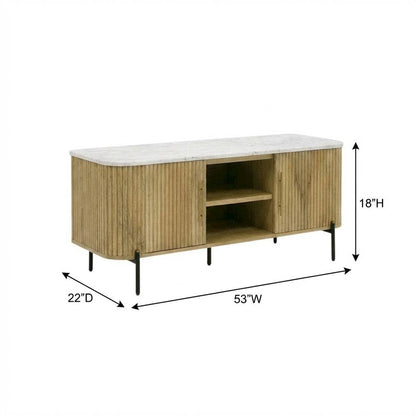White marble, mango wood TV stand, engineered construction, multiple shelves