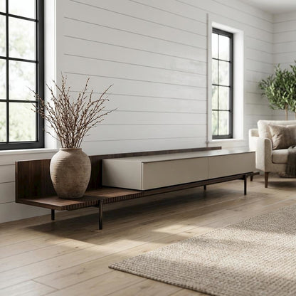 Modern Beige Walnut TV Stand with Engineered Wood Construction