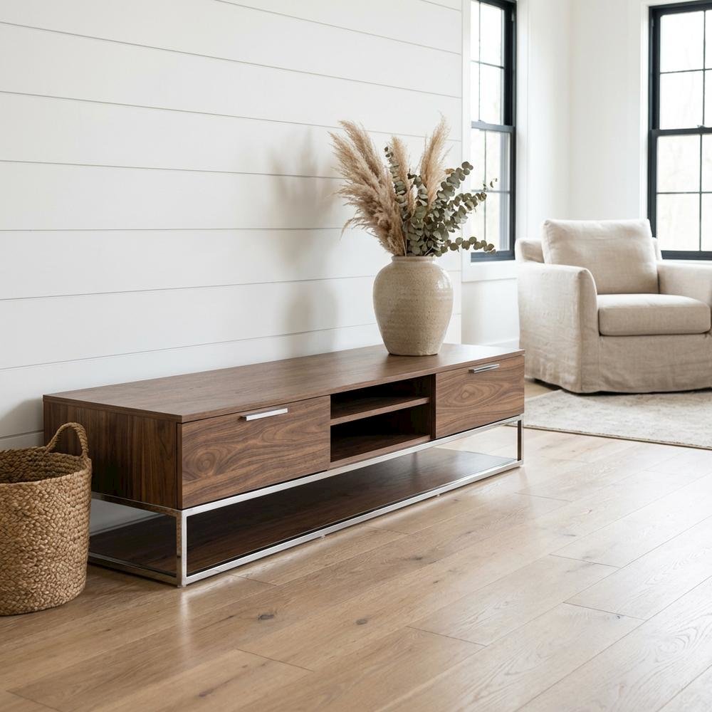 Modern Brown Walnut TV Stand with Engineered Wood and Metal Finish