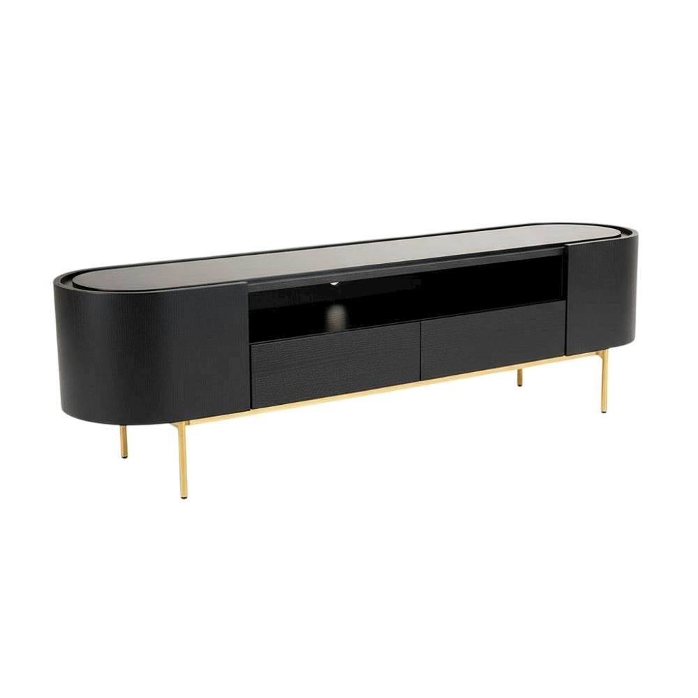 Black Mid-Century Modern TV Stand with Engineered Wood and Brass Accents