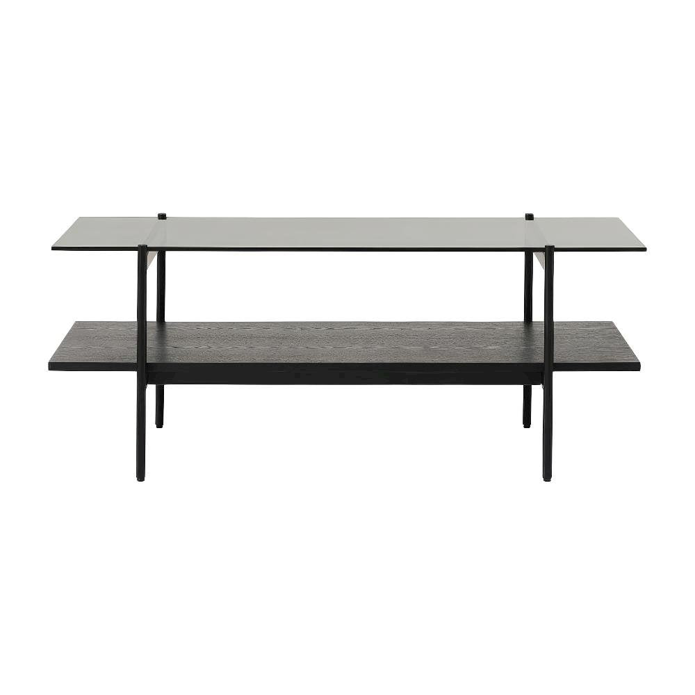 Black Glass Coffee Table with Iron Frame and Veneer Top for Living Room