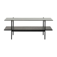 Black Glass Coffee Table with Iron Frame and Veneer Top for Living Room
