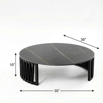 Black Round Coffee Table with Ceramic Top and Solid Wood Base for Living Room