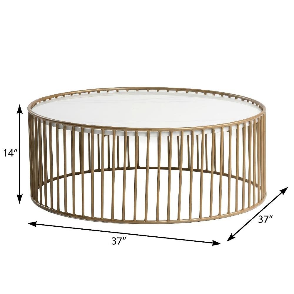 White Round Faux Marble Coffee Table with Metal Base and Modern Design