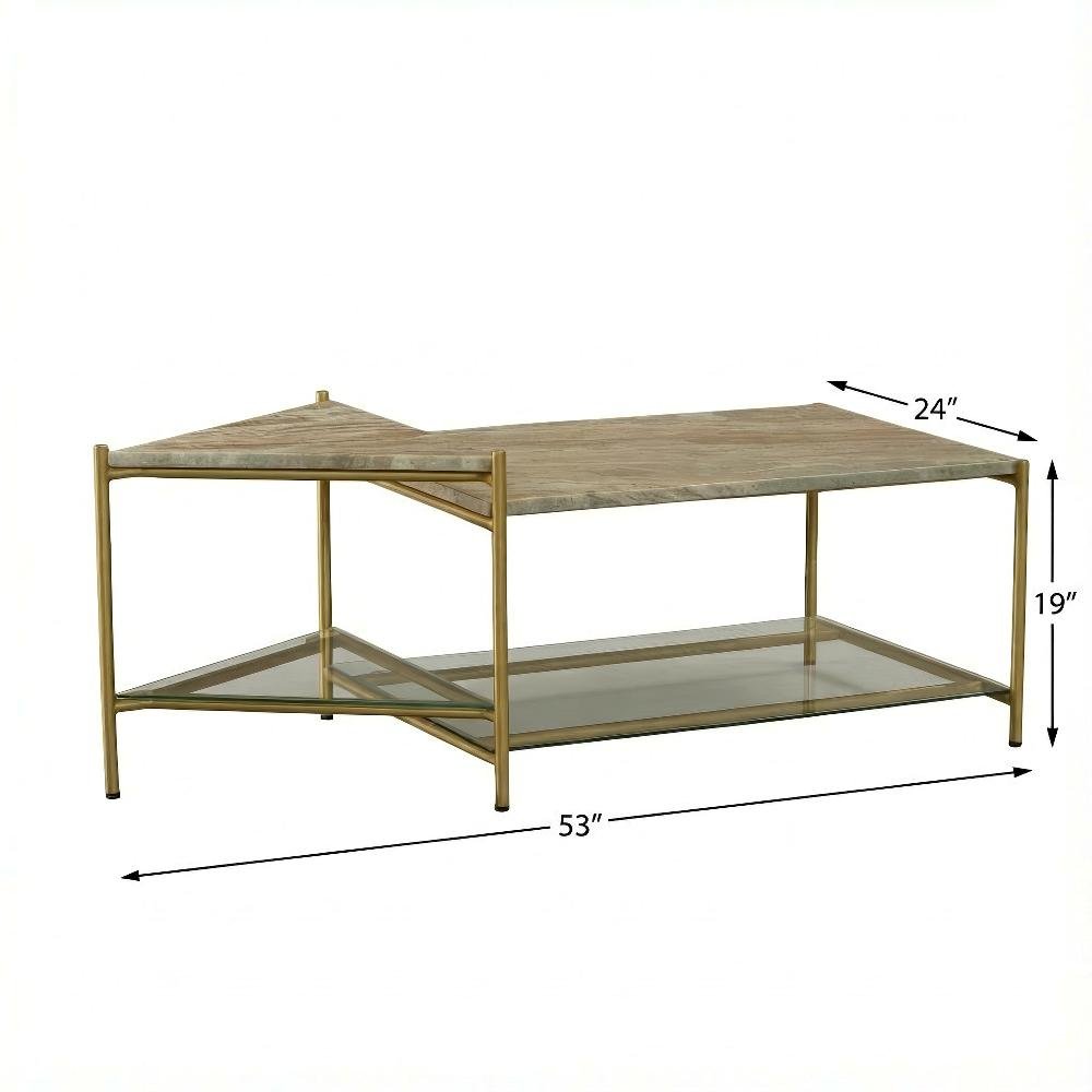 Marble Coffee Table with Glass Top and Brass Iron Frame Free Form Design