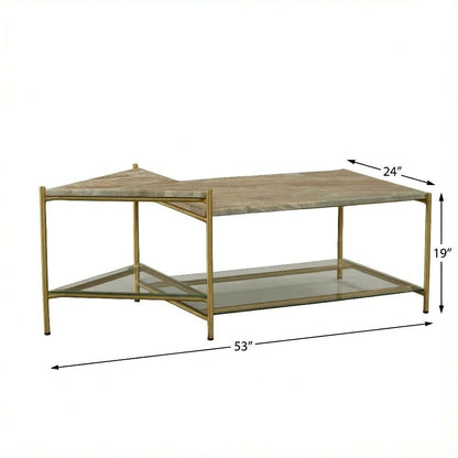 Marble Coffee Table with Glass Top and Brass Iron Frame Free Form Design