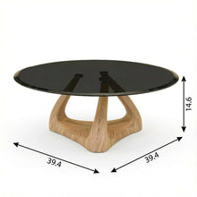 Brown Round Coffee Table with Glass Top and Walnut Veneer Base Fiberglass