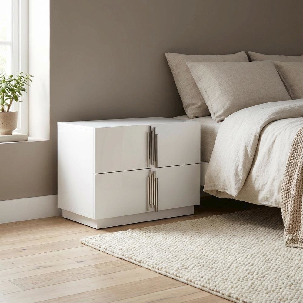 White and Stainless Steel Nightstand with Modern Design