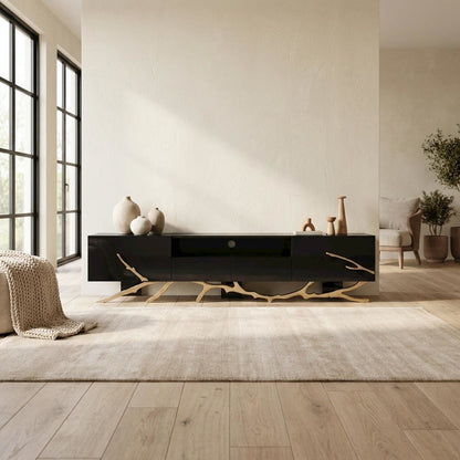 Black Modern TV Stand with Engineered Wood Frame and Gold Accents