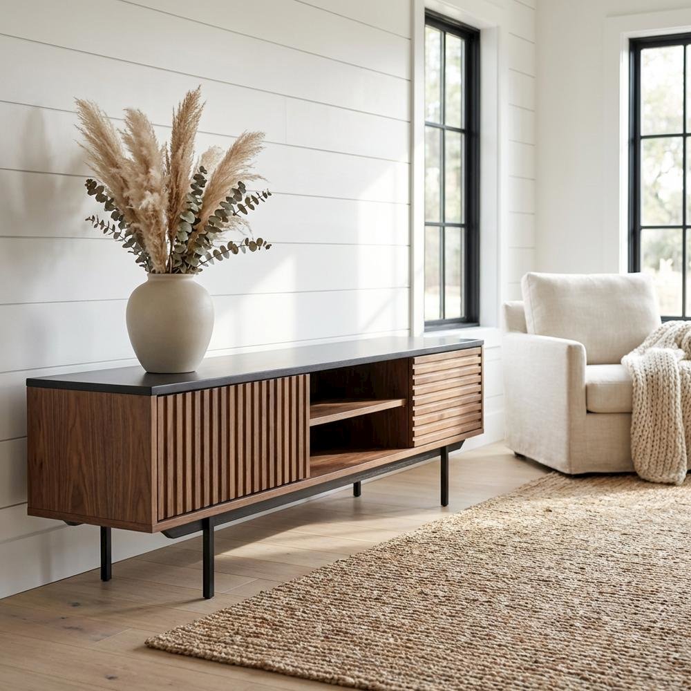 Walnut and Grey TV Stand with Modern Design and Engineered Wood Construction