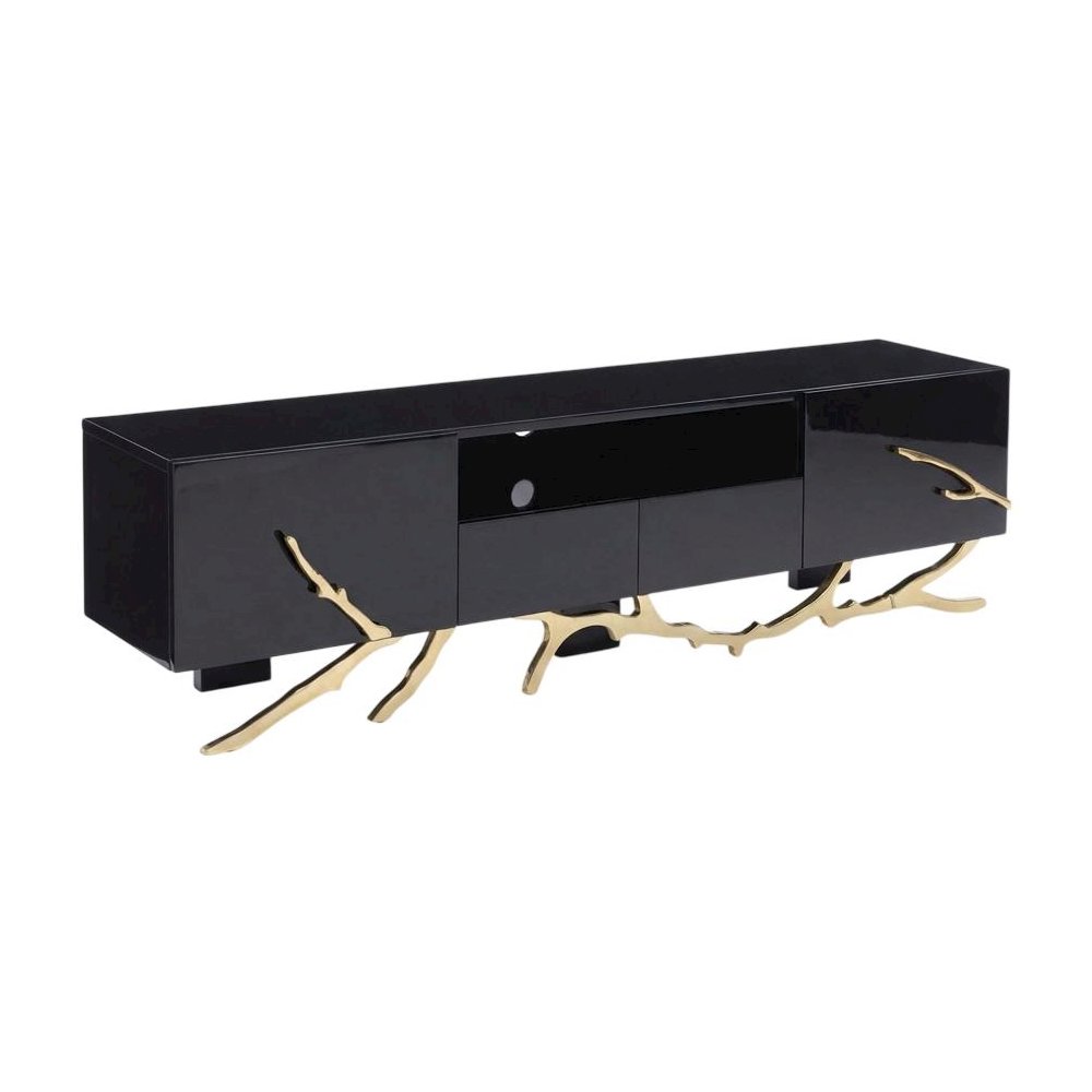 Black Modern TV Stand with Engineered Wood Frame and Gold Accents