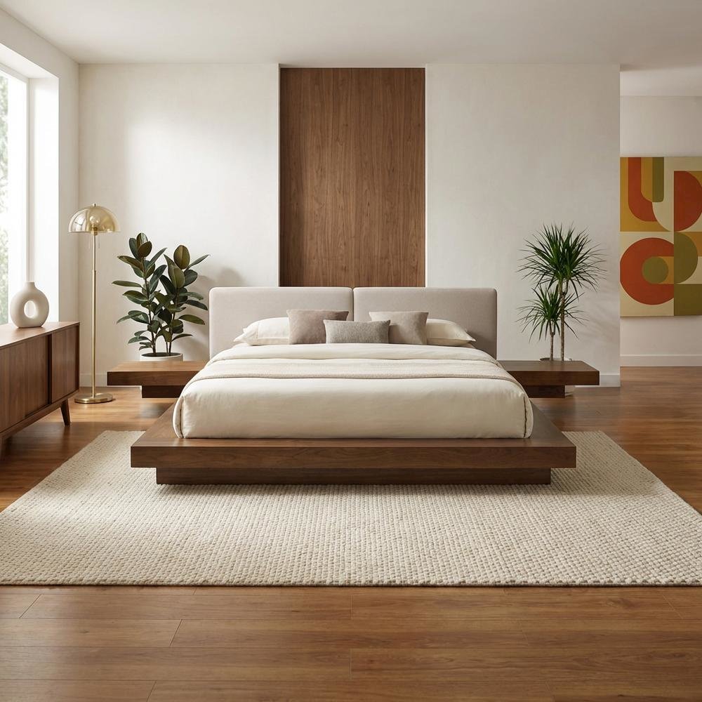 Queen Bed Frame Walnut Veneer, Low Profile Bed With Floating Nightstands
